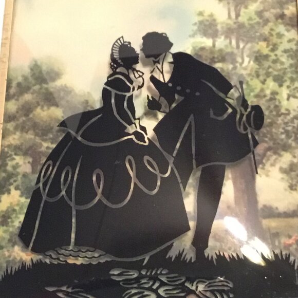 Set of vintage Convex Glass Reverse painted Silhouette Pictures Victorian scenes - Picture 10 of 16